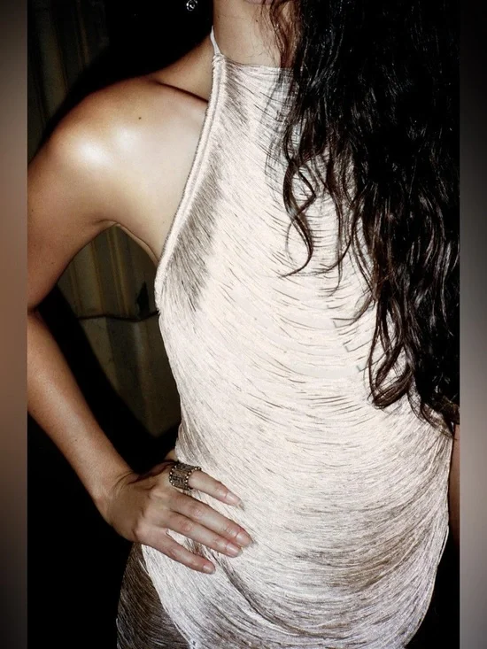 Zara Sleeveless Fringe Shimmer Halter Top in Champagne Pink - Picture 2 of 7